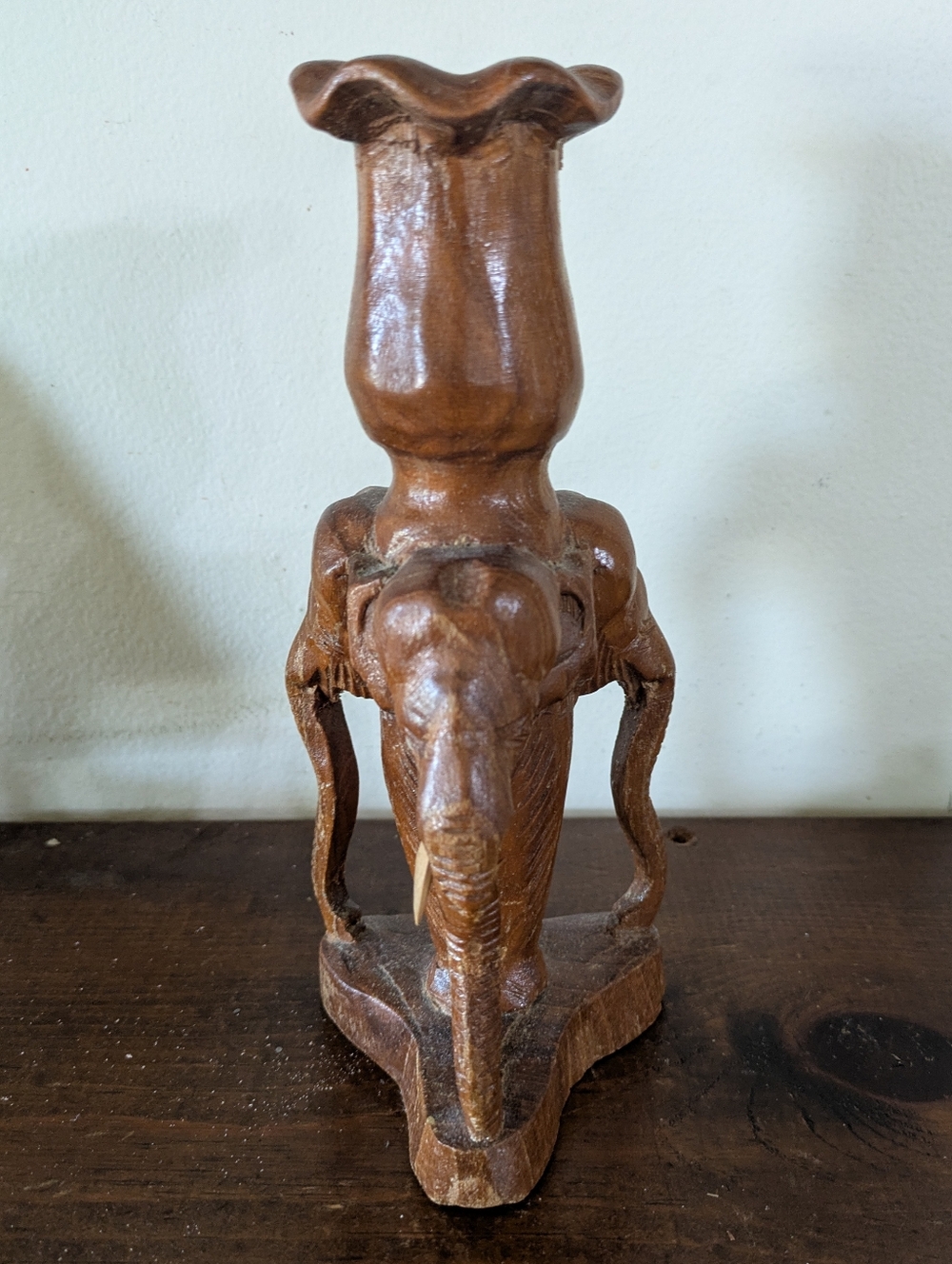 Vintage Hand Carved Teak Wood Trio Elephants Decorative Sculpture Candle Holder